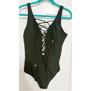 Massimo hunter green Lace-Up V-Neck One-Piece Swimsuit